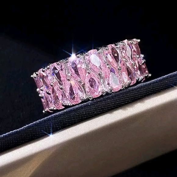 925 Silver Pear Waterdrop Cut Romantic Pink Cubic Zirconia Ring Sz 8 - Picture 4 of 5